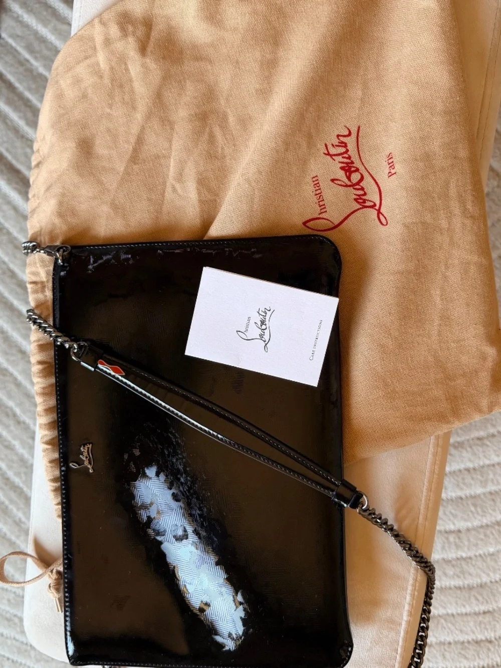 *RARE* Authentic Christian Louboutin Black Zip Clutch w Chain Strap Red Lining